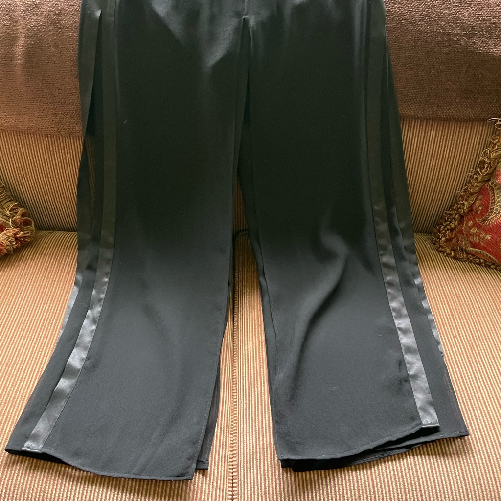 Elegant Tuxedo Flyaway Panel Pants With Satin Trim, Black, Size S